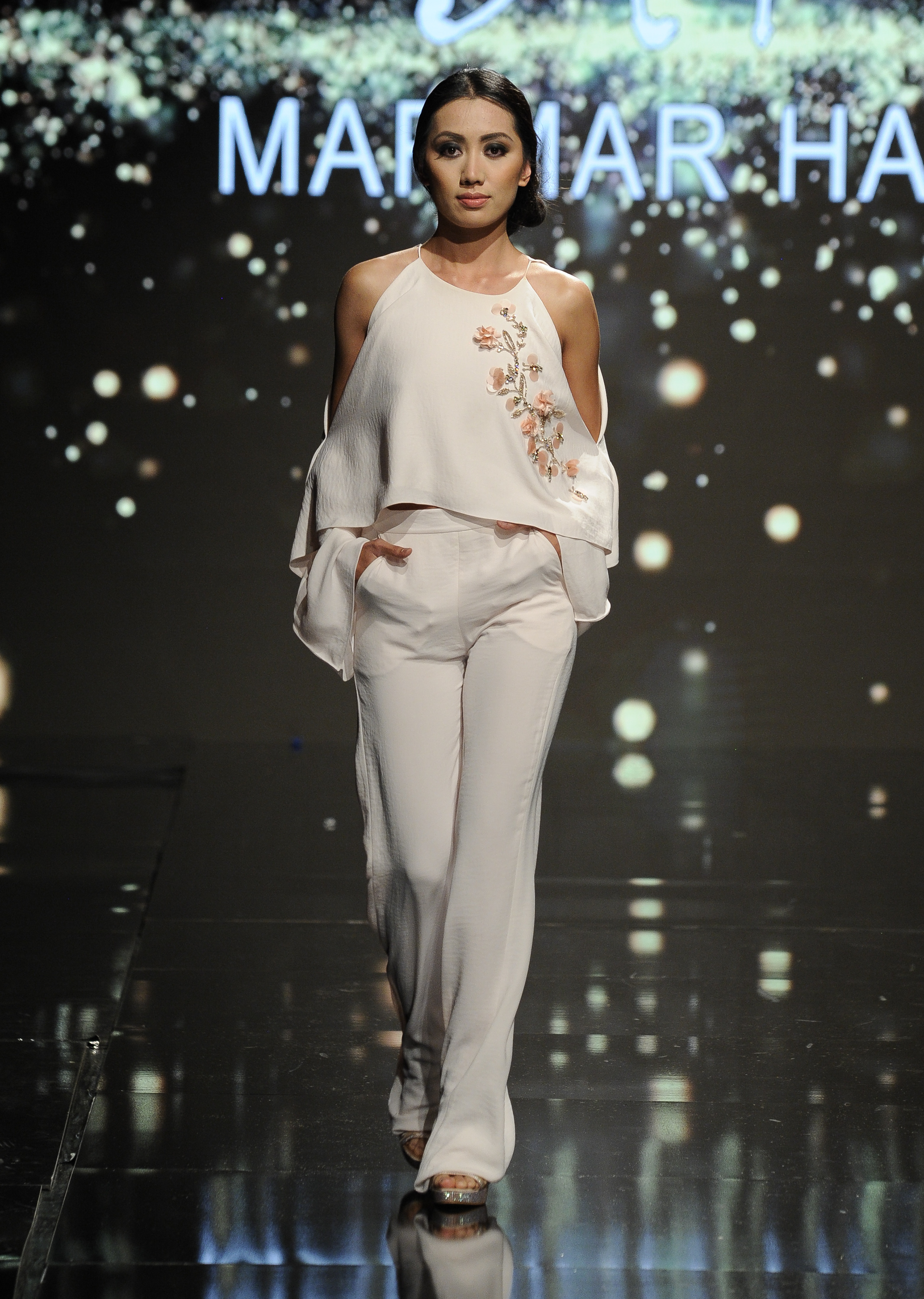 LOS ANGELES, CA - OCTOBER 09: A model walks the runway wearing Marmar Halim at Art Hearts Fashion Los Angeles Fashion Week presented by AIDS Healthcare Foundation on October 9, 2016 in Los Angeles, California. (Photo by Arun Nevader/Getty Images for Art Hearts Fashion)
